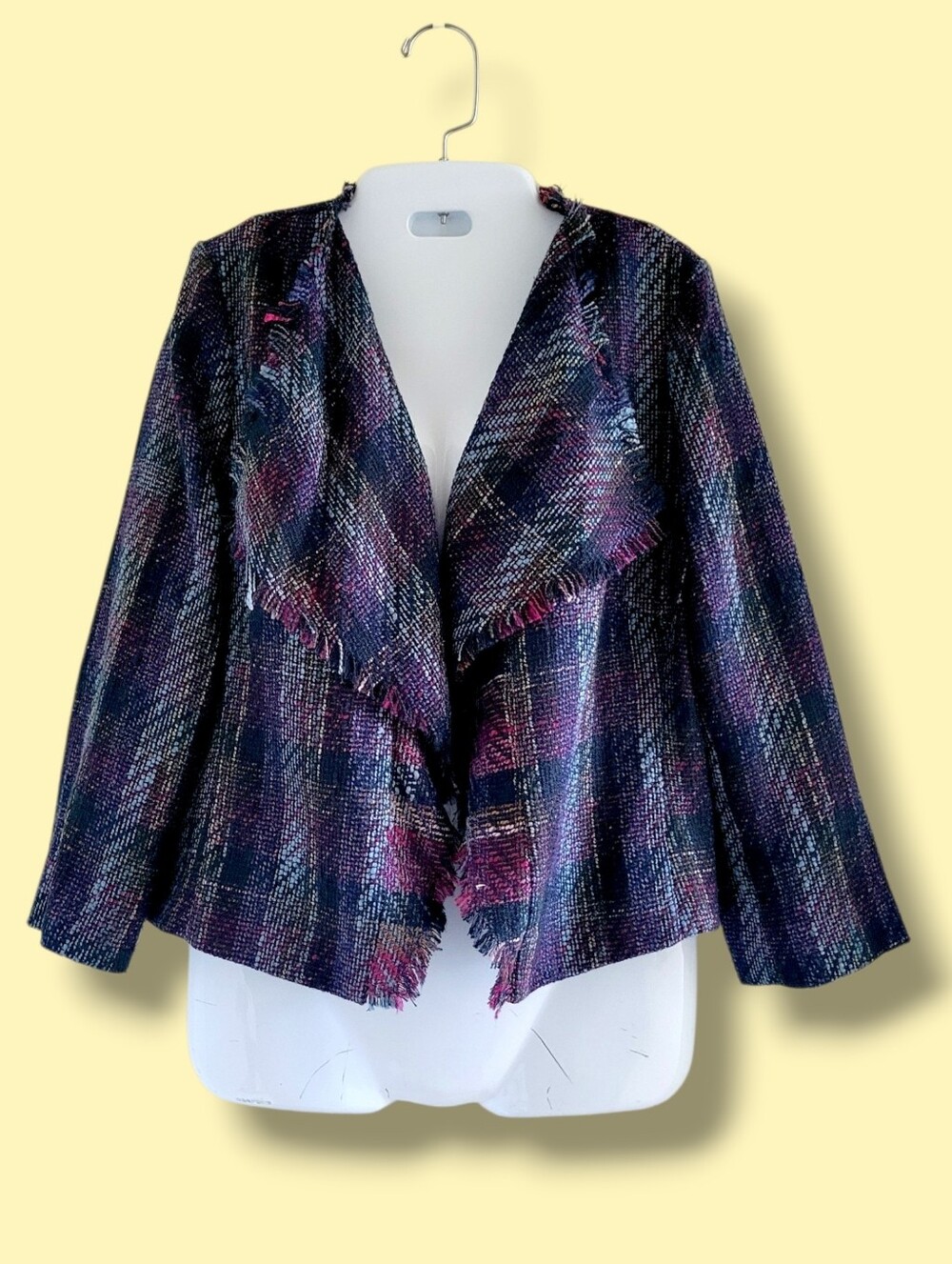 Karl Lafergeld | NWOT Plaid Multicolor Tweed Open Front Fringe Blazer (SIZE S)